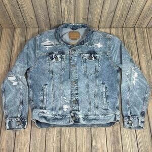 American Eagle Flex Men Denim Jean Trucker Jacket Distressed L Classic Americana